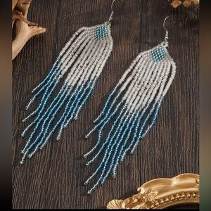Elegant Blue and White Beaded Fringe Earrings